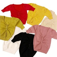 Top court à manches courtes pour femmes et adolescentes, Sexy, froncé, boutonné, tricot, chemise basique, T-Shirt décontracté, col en V
