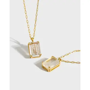 高品質ジュエリー18Kダイヤモンドペンダント天然石スクエアホワイトクリスタルゴールドサンドストーンネックレス
