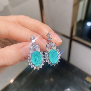 Factory Wholesale Gold Oval Cut 8*12mm Paraiba Cubic Zirconia Vintage Wedding Necklace <b>Earrings</b> Set Eco-friendly Copper CZ - Product Image 4