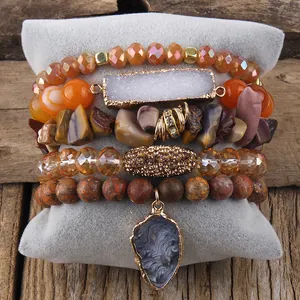 New Boho Schmuck Naturstein Chip Strass Pave Clay Erdnuss Elastisches Armband Unregelmäßige Druzy Anhänger Stapel Armbänder Set