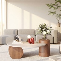 Table basse en bois massif avec accent marbre, design bas, pour salon, petit appartement, décoration de maison d'hôtes