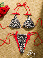 Set Bikini dua potong wanita, tali dapat diatur desain sempit tidak tipis kontras ikat pinggang musim panas klasik