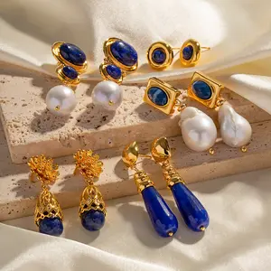 Waterdrop enamel color Women's Natural Freshwater Pearl 18k Gold Plated Blue Antique Stud Stainless Steel Earrings