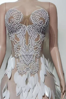 Robe longue moulante Hailuo en maille perlée, sexy, sans bretelles, à sequins et fente, pour spectacle de danse de groupe féminin en boîte de nuit ou bar