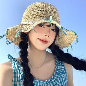 Women's Handmade Ribbon Woven Straw <b>Hat</b> Wide Brim Sun Protection Beach Vacation <b>Summer</b> Female Natural Grass Fisherman <b>Hat</b> - Product Image 1