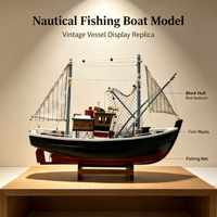 Modèle de bateau de pêche vintage personnalisé avec coque noire, fond rouge, deux mâts et détails de filet de pêche