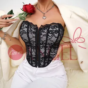 fashion front row buckle lace sexy seduction fishbone slim waist bare shoulder with chest KISS ME ANGEL beauty back top woman