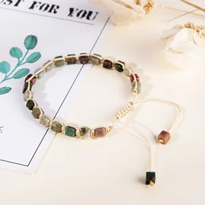 Jewelry manufacturer 4*4mm square natural stone beads India agate adjustable rope woven bracelet