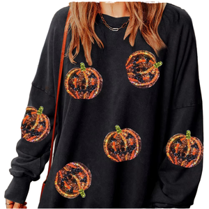 Sudaderas Gráficas de Invierno con Lentejuelas para Mujer, para Halloween y Navidad, Manga Larga, Brillantes, con Diseño de Calabaza, Fantasma, Sudadera Fea - Product Image 1