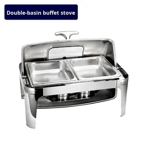 Estufa Buffet Eléctrica de Acero Inoxidable Plateado con Cubierta Rectangular Abatible Visible, Aislamiento Térmico y Quemador de Alcohol para Desayuno - Product Image 5
