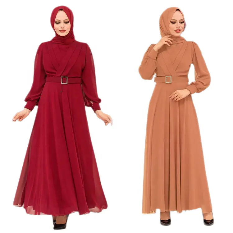 Fitting Muslim Chiffon Dress Modest Evening Dress Womens Dresses Modest 2023 Luxury Plain High Waist Slim 50 Summer Vintage Red