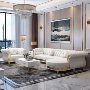 Conjunto de sofá secional em forma de L para sala de estar, sofá tufado estilo americano com botões de design moderno