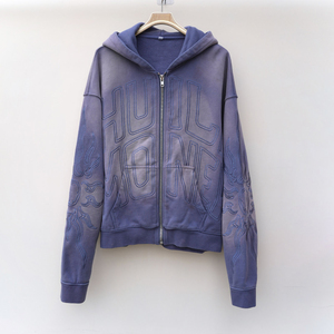Sweat à capuche zippé Huili surdimensionné en molleton de coton épais, avec <span class=keywords><strong>logo</strong></span> brodé personnalisé, pour homme, style vintage, effet délavé et décoloré par le soleil - Product Image 6