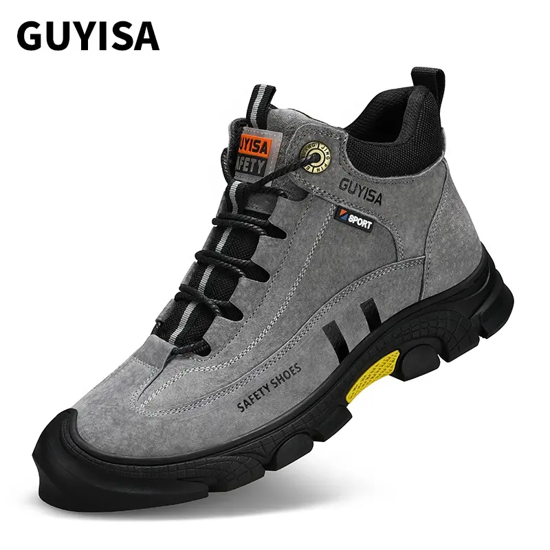 Модные серые высокие защитные ботинки от бренда GUYISA, мужские Нескользящие износостойкие защитные рабочие ботинки со стальным носком