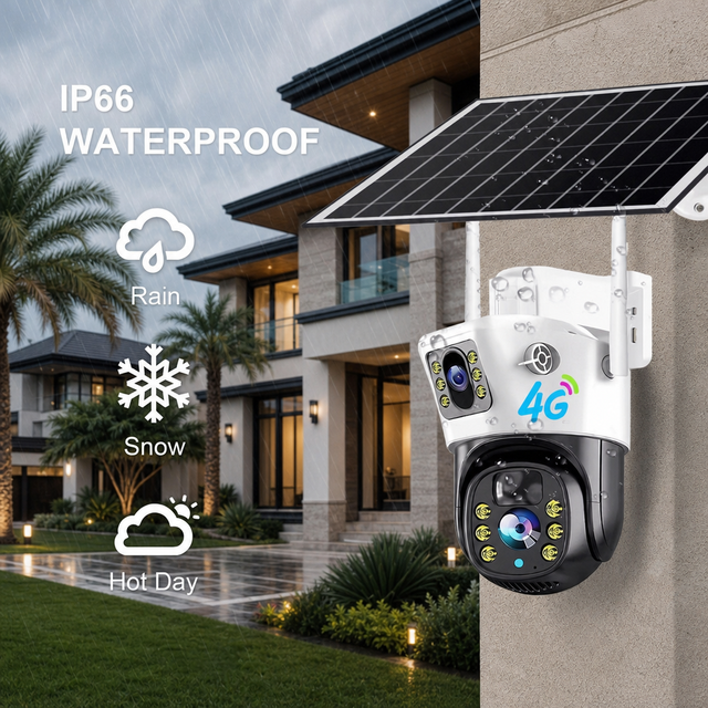 2026New Outdoor Solar Dual Screen Camera IP66 Waterproof 4G Security Camera WiFi Control 355° Pan 90° Tilt Color IR Night Vision