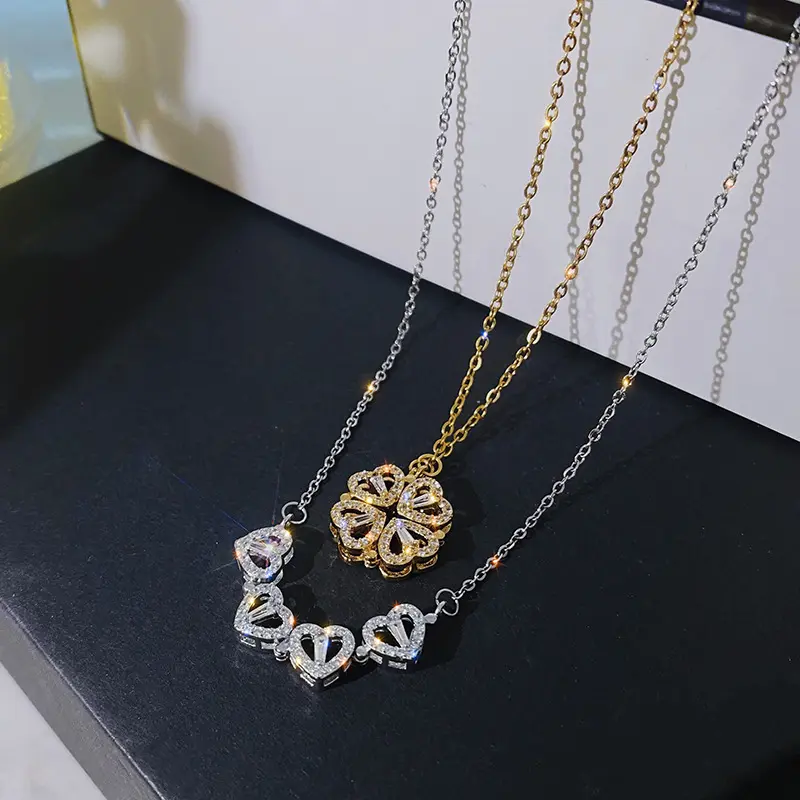 Kalung liontin semanggi empat daun zirkon bentuk hati lipat magnetik kalung perhiasan Fashion baja tahan karat