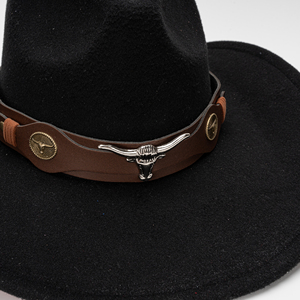 Sombrero Vaquero Occidental de Fieltro Negro en Oferta, Decoración Longhorn, Correa de Cuero Marrón, Unisex, Ala Ancha, para Uso Diario y Fiestas - Product Image 3