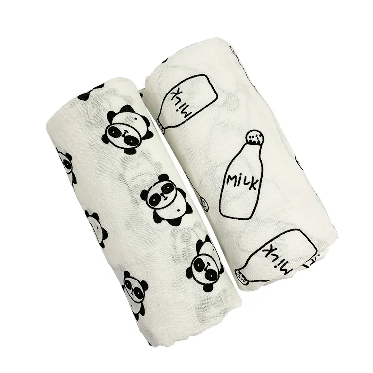 OEM Eco-friendly 100% Organic Cotton Muslin Swaddle Blanket Black and White Wearable Babies Plain Printed Autumn and Winter