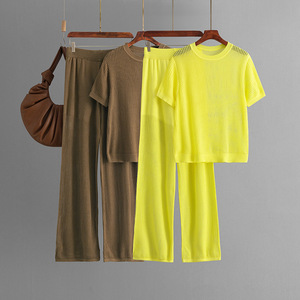 Ensemble 2 pièces décontracté pour femme : T-shirt à col rond uni à manches courtes et pantalon large en maille ajourée, coupe ample et tendance - Product Image 5