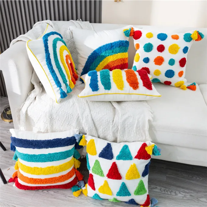 2022 New wholesale Rainbow Decorative Throw Pillow Covers Colorful Boho Woven Tufted Tassel Pillowcase for  Couch Sofa W9146