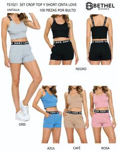 Ensemble 2 pièces Bethel pour femme : Crop top sans manches et short bleu en coton tricoté respirant avec élasthanne – Printemps/Été Décontracté - Product Image 1