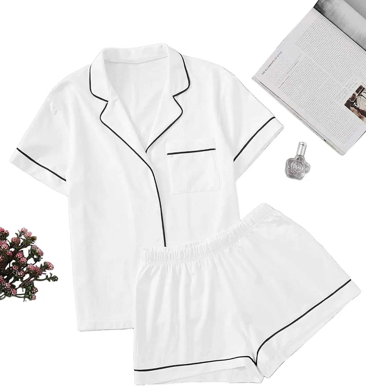 Custom Designer Luxury Ladies Pajama Sleepwear White 2 Piece Elegant Summers Pj Two piece Shorts Sets Cotton Pajamas For Womens
