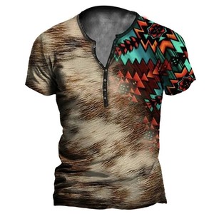<span class=keywords><strong>T</strong></span>-Shirt da Uomo Personalizzate in Poliestere con Stampa Tribale Stile Vintage Azteco, Manica Corta, Collo Henley, Vendita all'Ingrosso Economica - Product Image 5