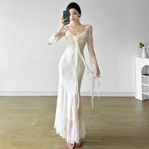 Robe de soirée sirène à manches longues en dentelle florale 3D de style français, élégante, taille cintrée, détail ruban - Product Image 4