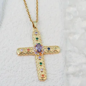 Cubic Zirconia Colored Cross Gold-plated Pendant Titanium Steel Necklace