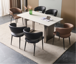 Modern Rectangle <b>Dining</b> <b>Table</b> Set 6 Seats Metal Legs Stone <b>Top</b> Stable Design <b>Dining</b> Room Furniture - Product Image 1
