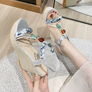 Women Summer Beaded Wedge Sandals New Style Platform Bohemian Roman Sandals Woven - Product Image 4