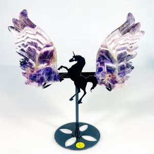 Nuovo arrivo pietra preziosa di cristallo naturale ametista ametista ali d'angelo con unicorno porta ali di cristallo per la decorazione della casa