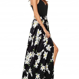 Vestido largo de chifón con estampado floral y cuello en V para mujer, sin espalda, sexy, casual, con abertura, sin mangas, estilo A-line, ideal para la playa. - Product Image 5