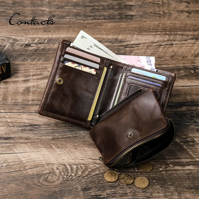 Contact's Men Genuine Oil Leather RFID Wallet Short Male Purse with Detachable Coin Pocket Wallet