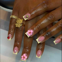 Faux ongles carrés français en acrylique jaune crème mignons, motif nœud, pré-conçus, réutilisables, 10 pièces, fournitures en gros