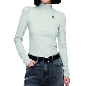 T-shirt décontracté d'été pour femme, col roulé, manches longues, coupe classique, en tissu non tissé, 100 % coton biologique, respirant, écologique, avec logo - Product Image 1