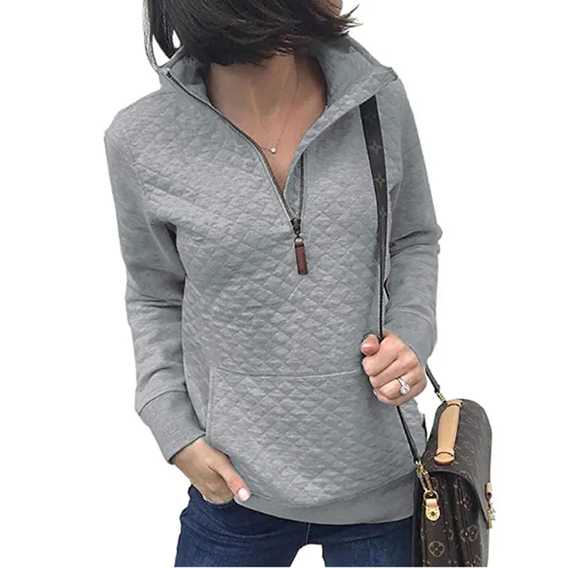 Women's Fashion Quilted Pattern Lightweight Zipper Long Sleeve Plain Casual Ladies Sweatshirts Pullovers