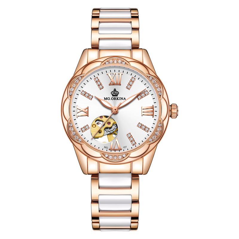 ORKINA Orologio Da Donna Meccanico A Scheletro - Quadrante Trasparente, Cinturino In Acciaio Intrecciato Nero - 3