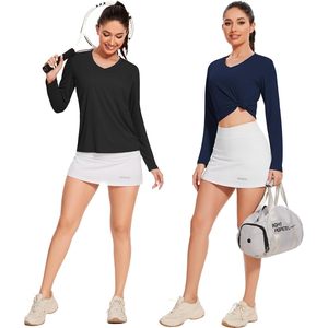 FOXA T-shirt de sport pour femme à manches longues et col en V, séchage rapide, évacuation de l'humidité, coupe ajustée, couleur unie - Product Image 4