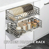 Accessoires de rangement de cuisine - Panier coulissant pour tiroir, support à vaisselle en acier inoxydable à 4 côtés, organisateur de couverts pour armoires