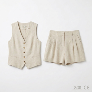 Completo Coordinato Due Pezzi da <span class=keywords><strong>Donna</strong></span> in Misto <span class=keywords><strong>Lino</strong></span>: Gilet Casual con Scollo a V e Bottoni e <span class=keywords><strong>Shorts</strong></span> a Vita Alta Sopra il Ginocchio - Product Image 1