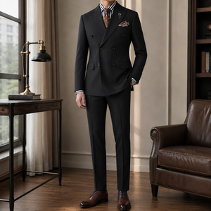 Completo da Uomo Slim Fit <span class=keywords><strong>Blu</strong></span> Navy a Righe Sottili <span class=keywords><strong>Doppiopetto</strong></span> per Matrimonio, Ballo di Fine Anno, Cerimonia, Sposo, Testimone, Eventi Speciali, Gala, Spettacoli - Product Image 5