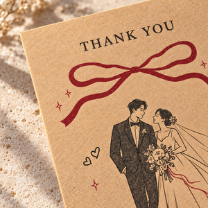 Biglietti di ringraziamento personalizzati in carta kraft per matrimonio, disegno a righe sposa e sposo con motivo fiocco rosso, biglietti di ringraziamento per souvenir di matrimonio - Product Image 4