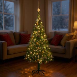 Árbol de Navidad Artificial de PVC Verde de 59.1 Pulgadas Preiluminado con Juego de Bolas, Luces LED Cálidas, Base para Interior - Product Image 2
