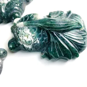 Customization natural moss agate golden fish crystal craving healing stones for decoration