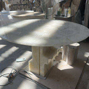 Table à manger de luxe en jade blanc glacier naturel, moderne et simple, ronde, pour villa, hôtel, appartement, salle à manger - Product Image 1