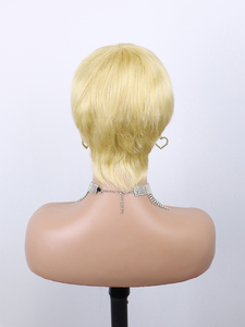 Pelucas <span class=keywords><strong>de</strong></span> Cabello Humano <span class=keywords><strong>Rubio</strong></span> al por Mayor con Flequillo, Cabello Virgen Vietnamita Crudo, Corte Pixie Bob Corto, Peluca sin Pegamento Hecha a Máquina - Product Image 3