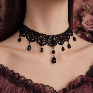 Vintage Royal Black <b>Lace</b> Choker Necklace Layered Sparkling Accent Women Collar Necklace - Product Image 1