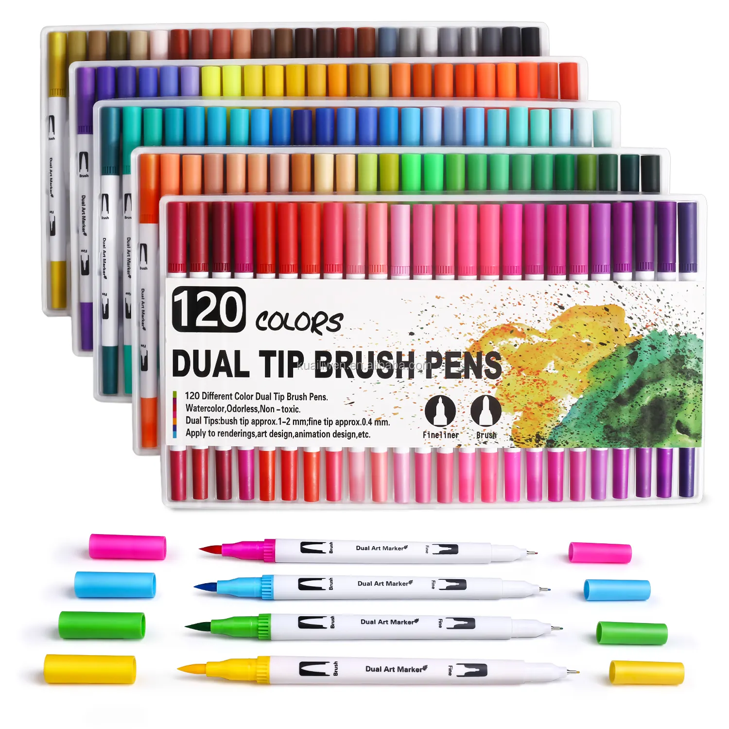 Çift uçlu resim kalemi 0.4MM 120 renkler Fineliner suluboya fırçası kalem seti ile yumuşak fırça & Bullet nokta ucu çizim için ince çizgi