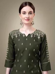 Kurti élégant Bohème Vintage en coton mélangé col rond brodé solide imprimé manches longues longueur genou tenue de bureau tissé tissage - Product Image 4